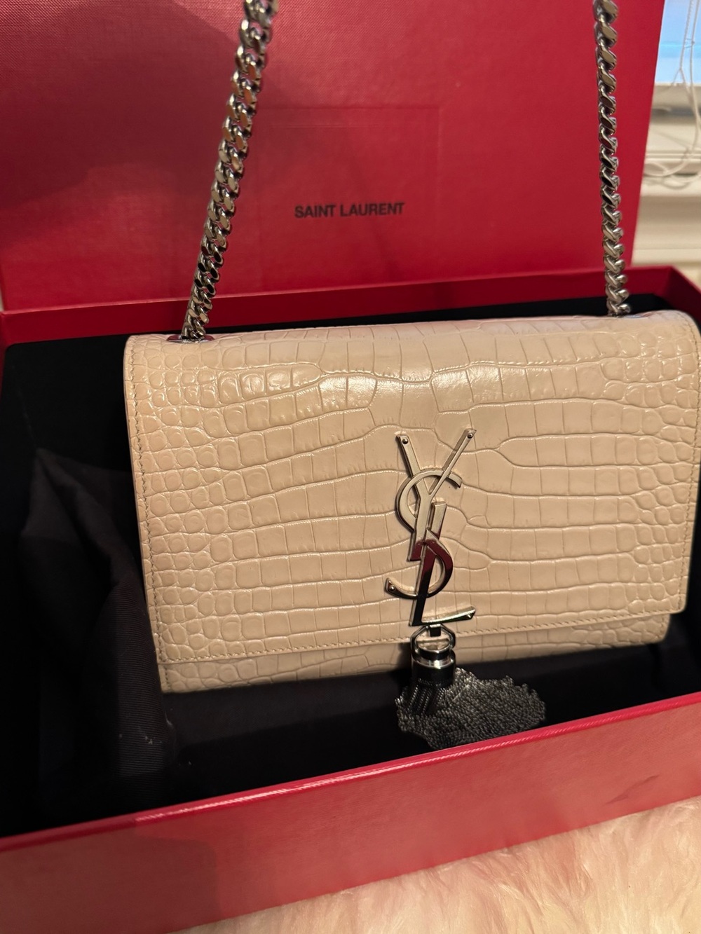 Yves Saint Laurent Beige Kate Croc-Embossed Chain Bag